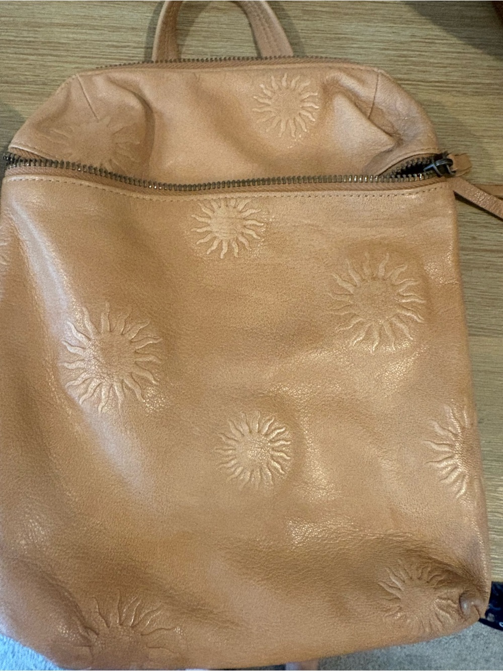 Free People Embossed Sun Motif Tan Leather Crossbody/Mini Backpack Bag